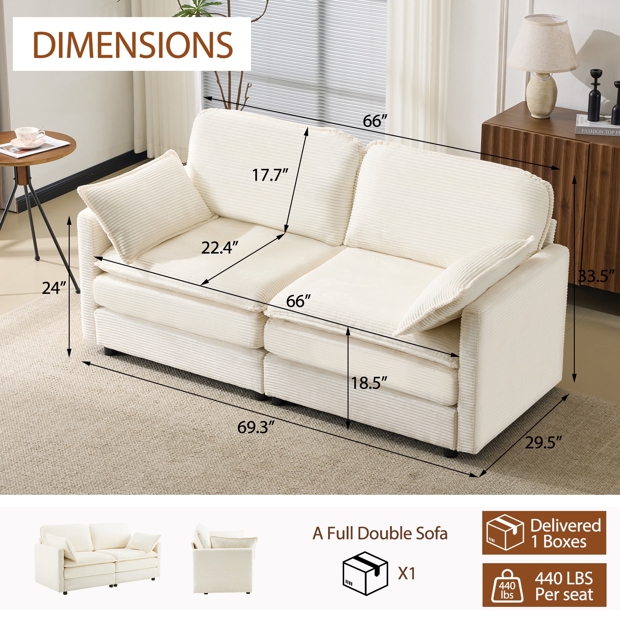 BSHTI 69 inch Corduroy Modular Sectional Sofa, Cloud Loveseat with 2 Throw Pillows, Modern Living Room Sofa for Small Apartment (Beige)