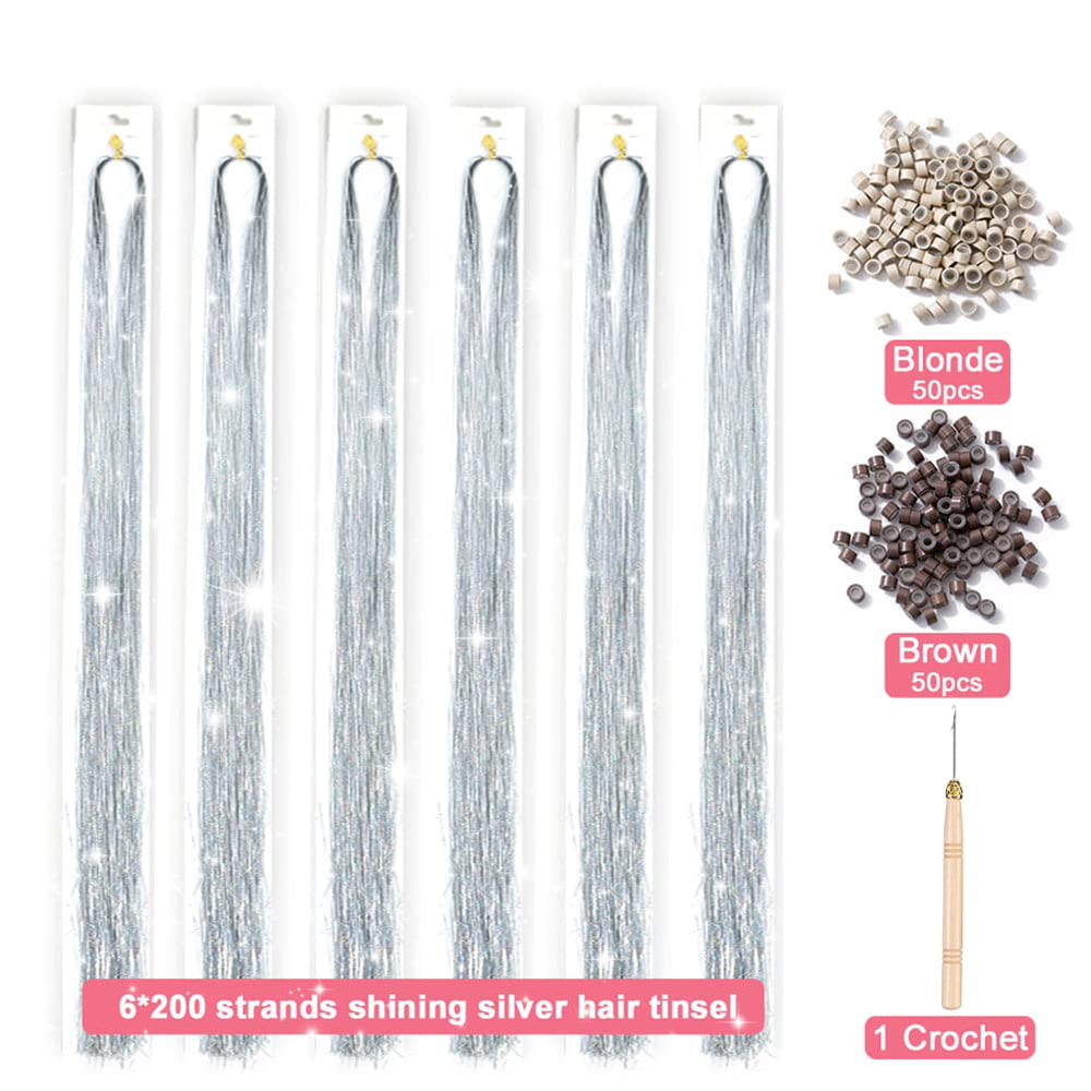 Nogis Hair Tinsel Kit with Tools, Hair Tinsel Heat Resistant Fairy Hair Tinsel Kit 1200Strands, 47inch Sparkling Glitter Tinsel Hair Extensions Hair