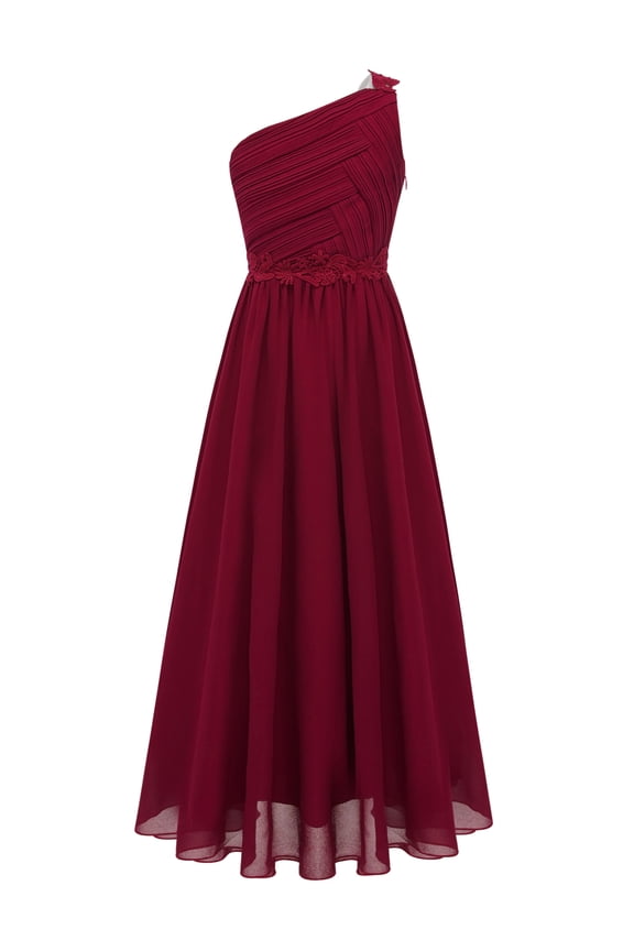 Kids Girls One Shoulder Pleated Proms Wedding Party Long Maxi Junior Bridesmaid Dress Burgundy 8