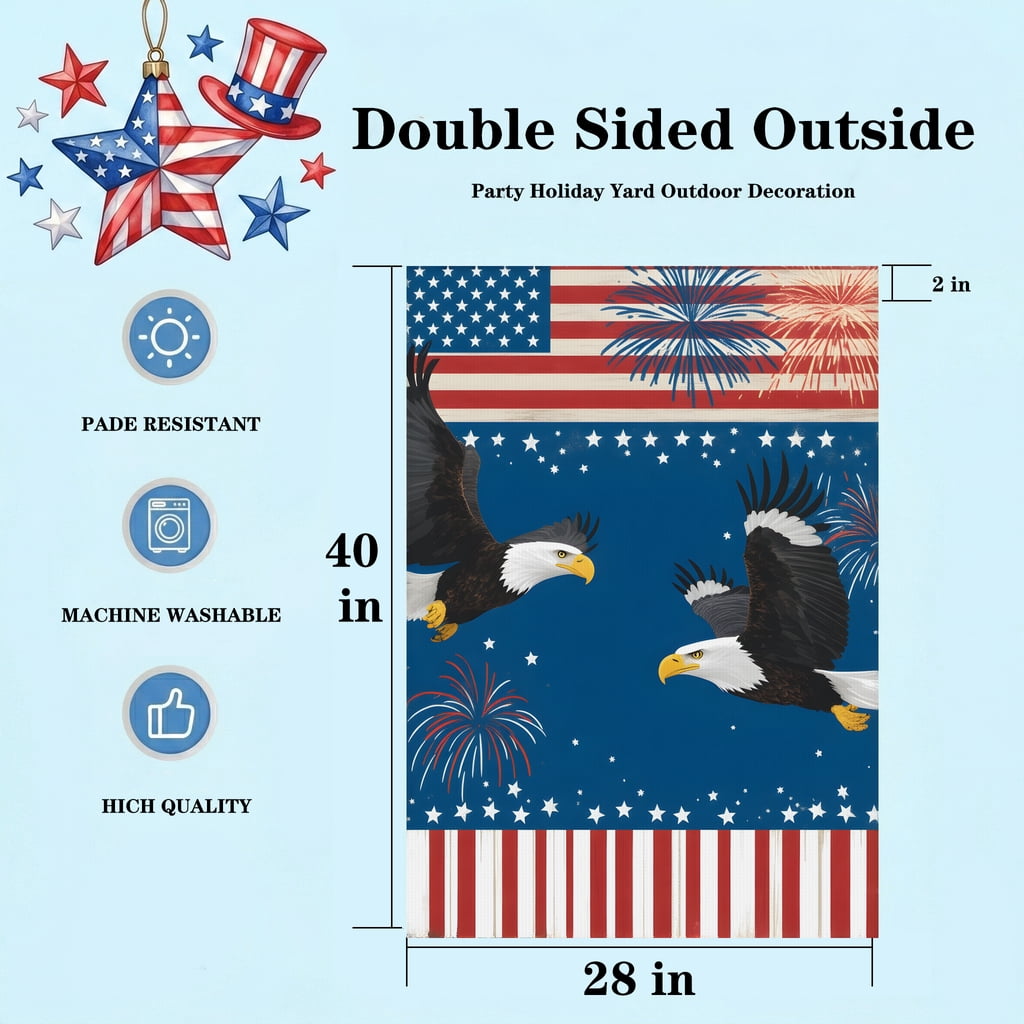 US Garden Flag Two Bald Eagles Flying in Front of an American Flag with Fireworks flag banner 28x40 inch classic size Outdoor Garden Decor