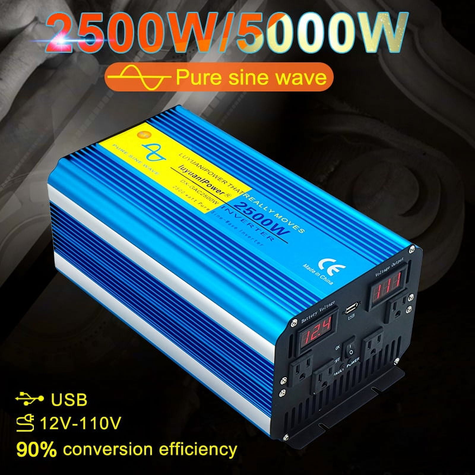 Yinleader 12V 2500 Watts Continuous 5000 Watts Surge Power Inverter with 4 AC Outlets for Car