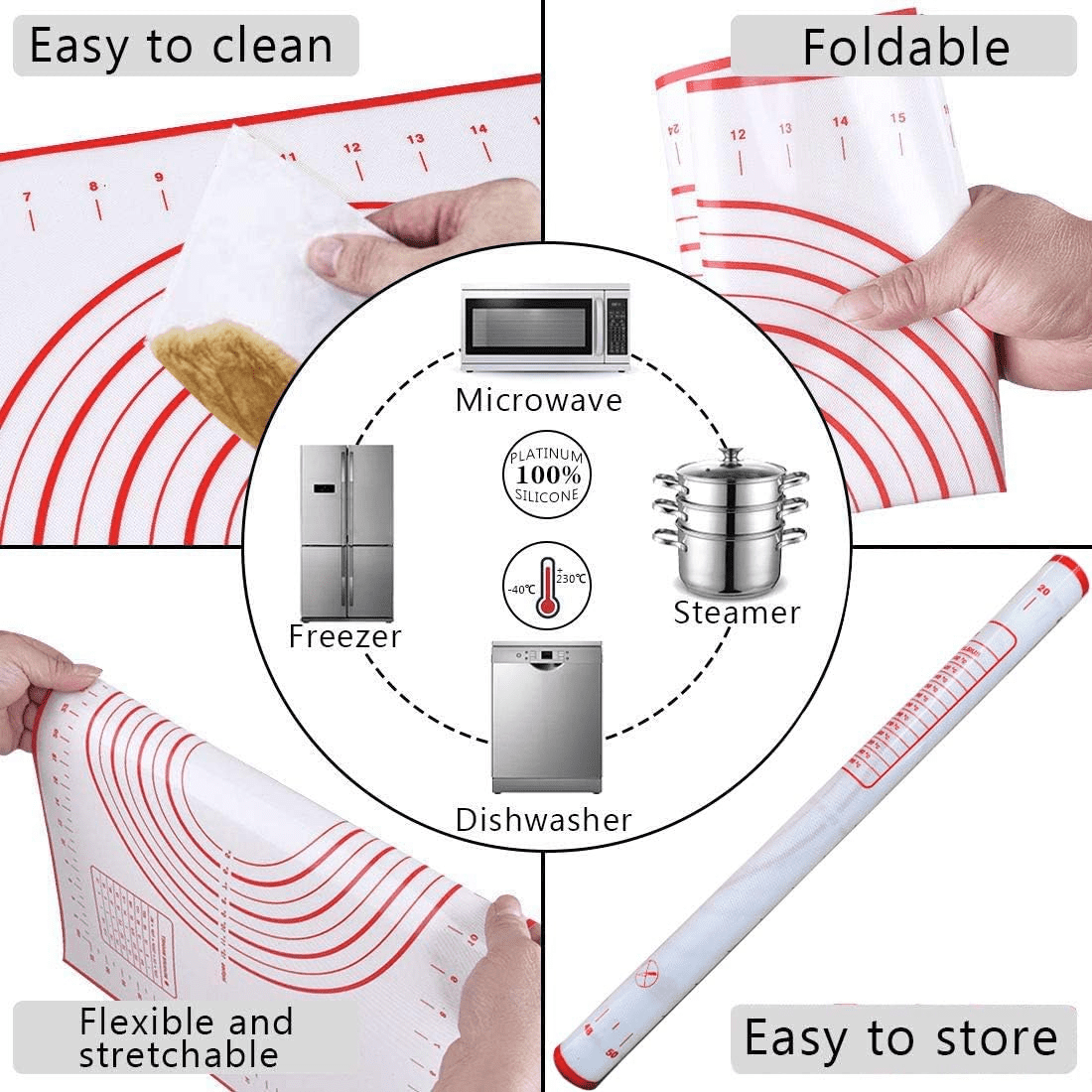 17" Stainless Steel Rolling Pin, Non-Stick Roller with Silicone Removable Rings and Baking Mat, Kitchen Bake Tools for Cooking Pizza Pie Cookies Pastries