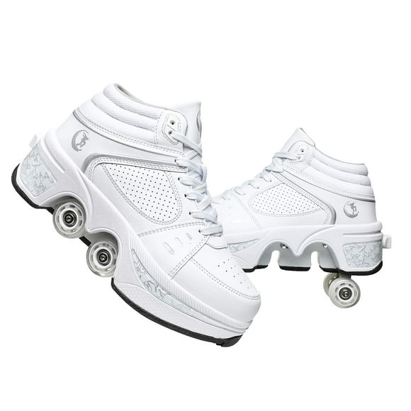 Double-Row Deform Wheel Automatic Walking Shoes Invisible Deformation Roller Skate 2 in 1 Removable Pulley Skates Skating Parkour (White high, US 10.5)