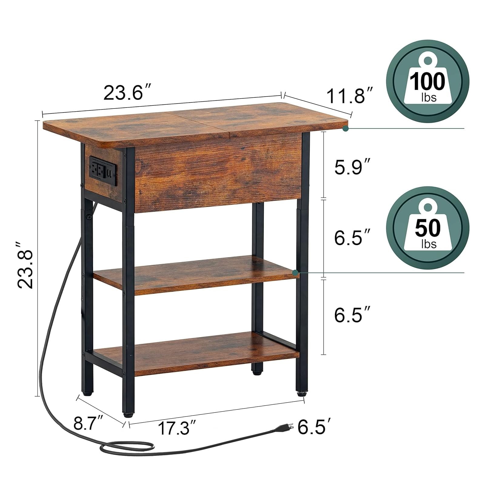 End Table with Charging Station, Flip Top Side Table for Living Room, Bedroom, Narrow Nightstand Bedside Table with Storage Shelves, Berry Brown