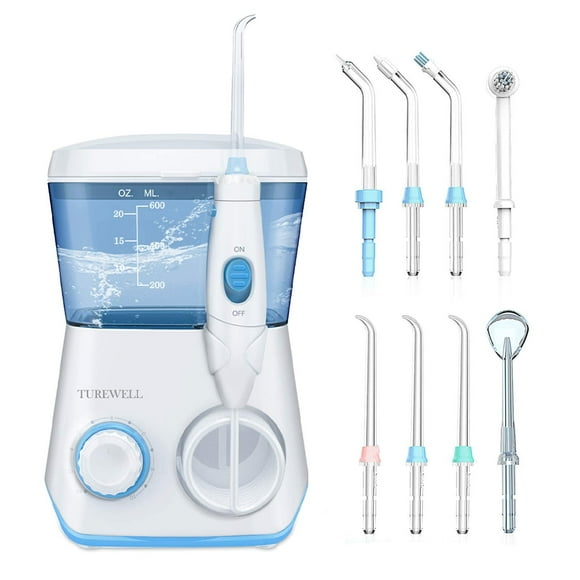 TUREWELL Water Flossing Oral Irrigator, 600ML Dental Cleaner 10 Adjustable Pressure, Electric Oral Flosser for Teeth/Braces, 8 Replacement Jet Tips for Family (White)