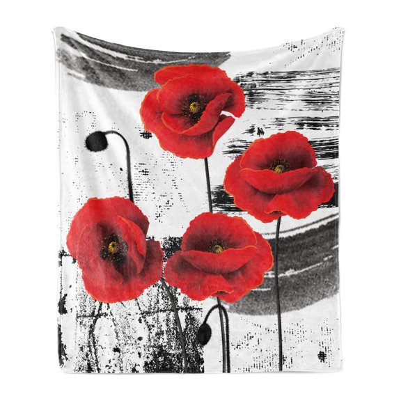 Poppy Flower Soft Flannel Fleece Throw Blanket, Composition of Blossomings with Grunge Brush Background, Cozy Plush for Indoor and Outdoor Use, 70" x 90", Vermilion Grey, by Ambesonne