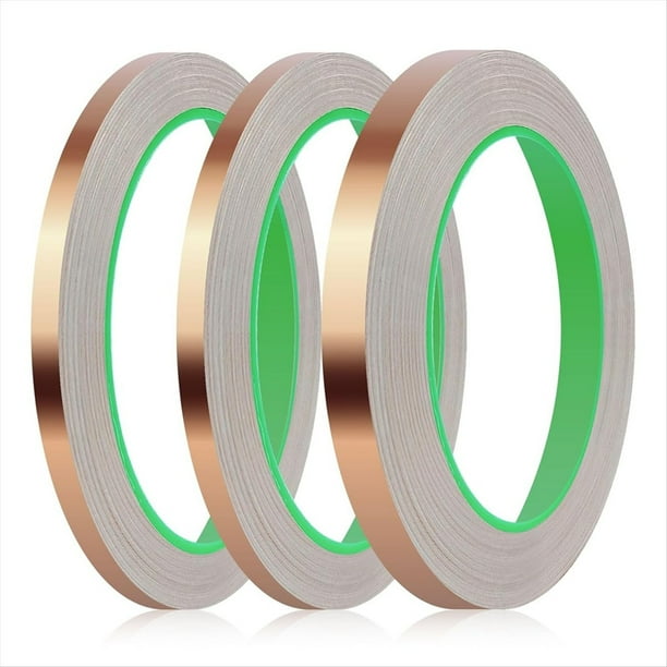 Paquete de 3 Cintas de Lámina de Cobre, Cinta Adhesiva de Cobre Conductora de Doble Cara para Blindaje, Conexión A (1/4 Pulg., 1/4 Pulg., 1/2 Pulg.) X 21,9 Yardas