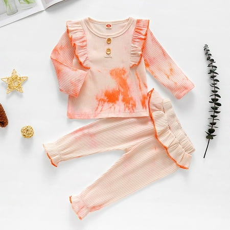 

Tejiojio Girls and Toddlers Soft Cotton Clearance Toddler Baby Girls Long Sleeve Rainbow Tie-Dyed Ruffles Tops+Pants Outfits