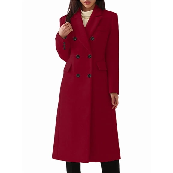 Women'S Classic Notched Lapel Double-Breasted Warm Pea Coat Overcoat with Pockets Wine Red 5XL