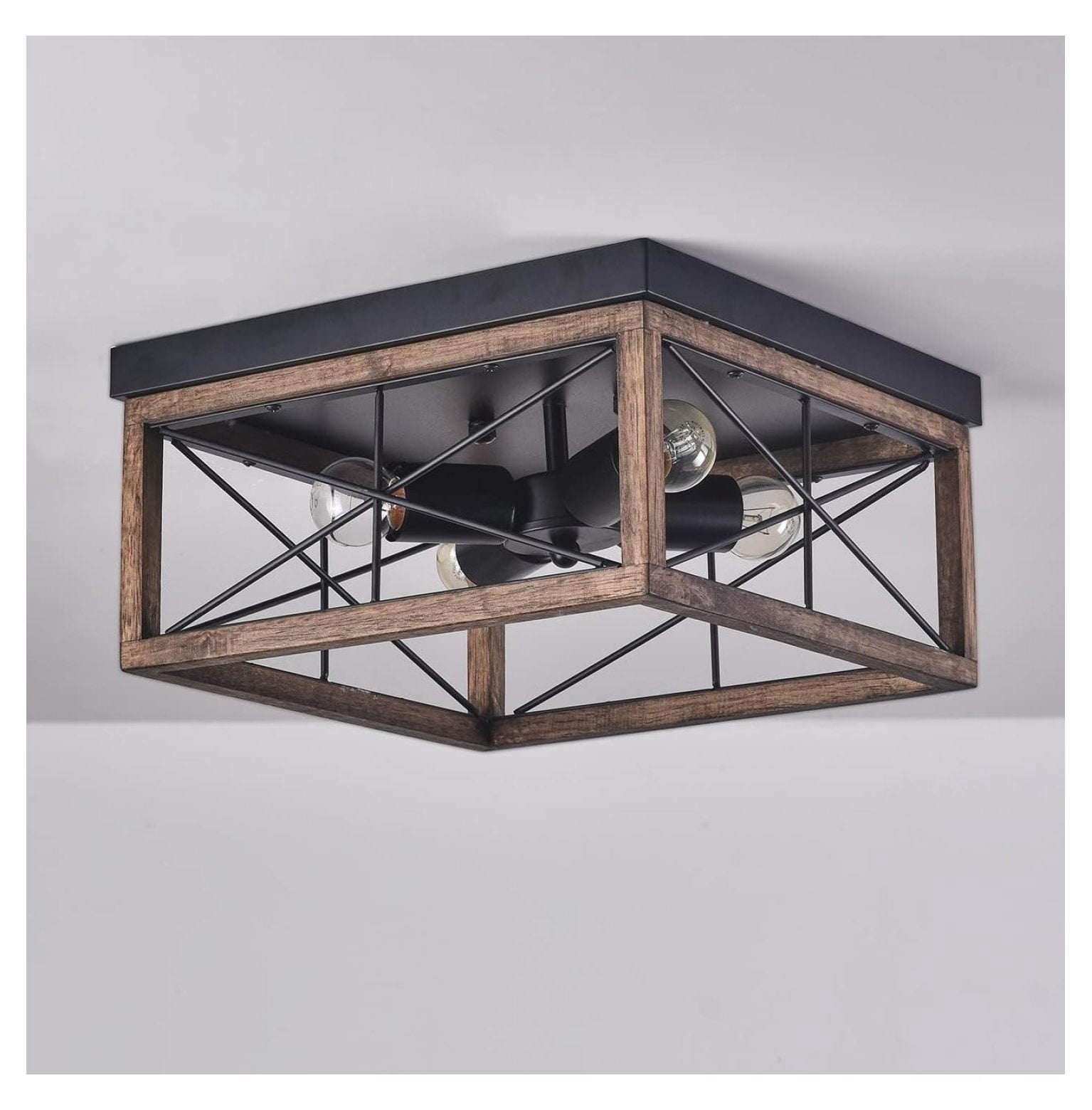 4-Light Rustic Wood Flush Mount Ceiling Light Metal Square Cage Farmhouse Lighting Close to Ceiling Light Fixture Black for Dining Room Bedroom Living Room Kitchen Hallway Entryway Foyer