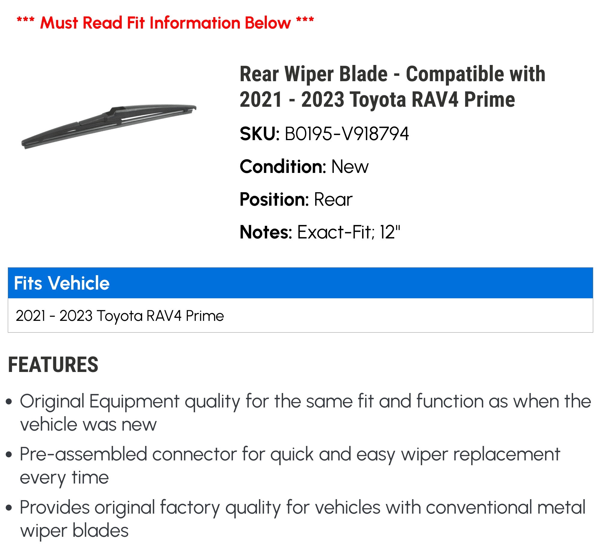 Rear Wiper Blade - Compatible with 2021 - 2023 Toyota RAV4 Prime - Trico