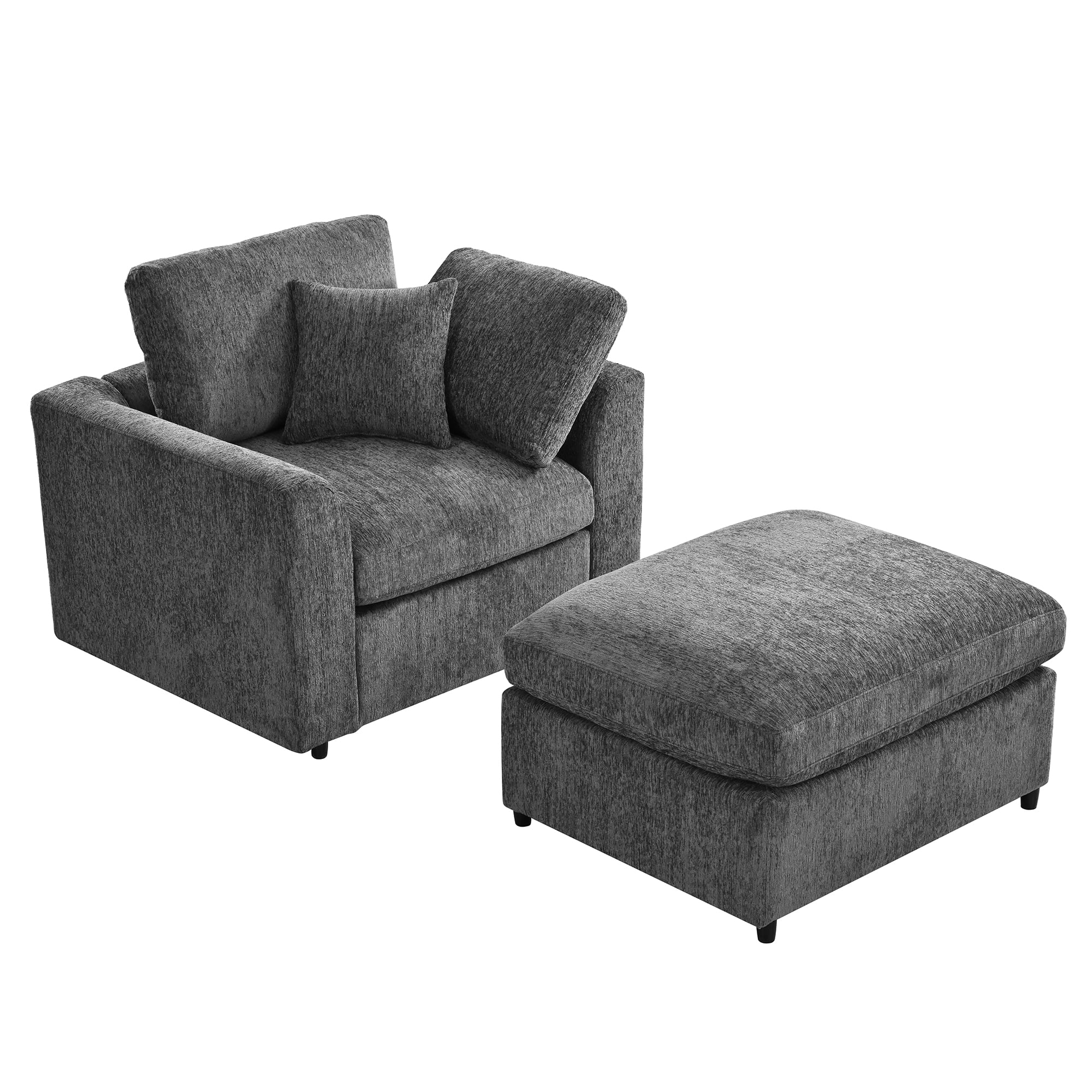 Howcool Chenille Accent Chair with Ottoman,Modern Lounge Chair Set with Solid Wood Frame,Comfy Armchair with Throw Pillow for Living Room,Apartment,Gray