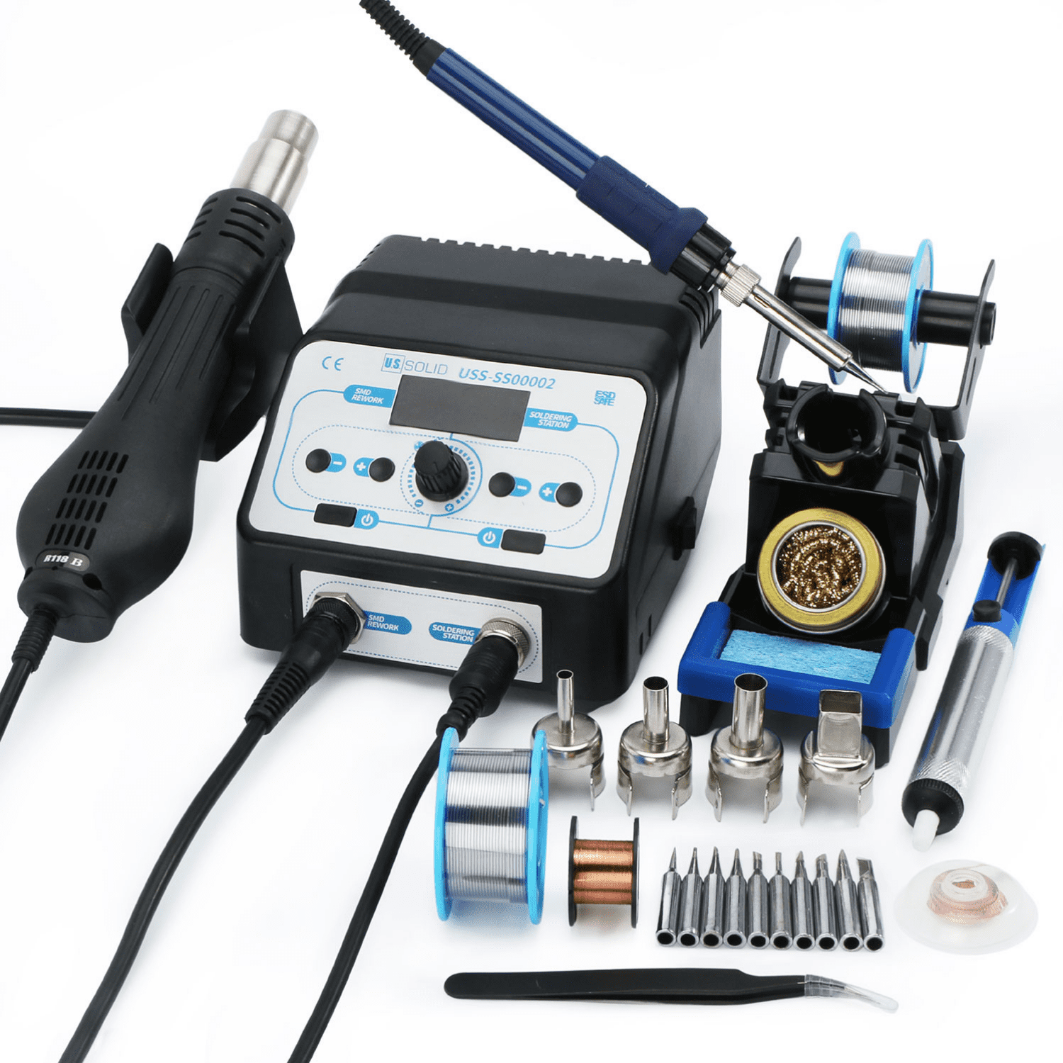 4 in 1 Dual Digital Soldering Iron & Hot Air Station Complete Kit 110V US 968A 