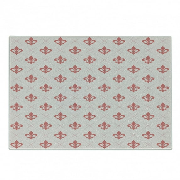 Coral Cutting Board, Checkered Pattern with of Fleur De Lis Royal French Lily Flower, Decorative Tempered Glass Cutting and Serving Board, Small Size, Pale Pink Coral, by Ambesonne