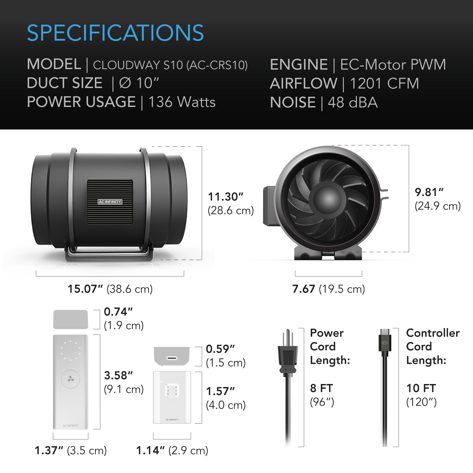 AC Infinity CLOUDWAY Whole House EC Fan S10, 1200 CFM with Remote 10-Speed Wireless Fan Controller, 10” Ceiling Mount House Attic Vent Fan, Exhaust Home Ventilation System