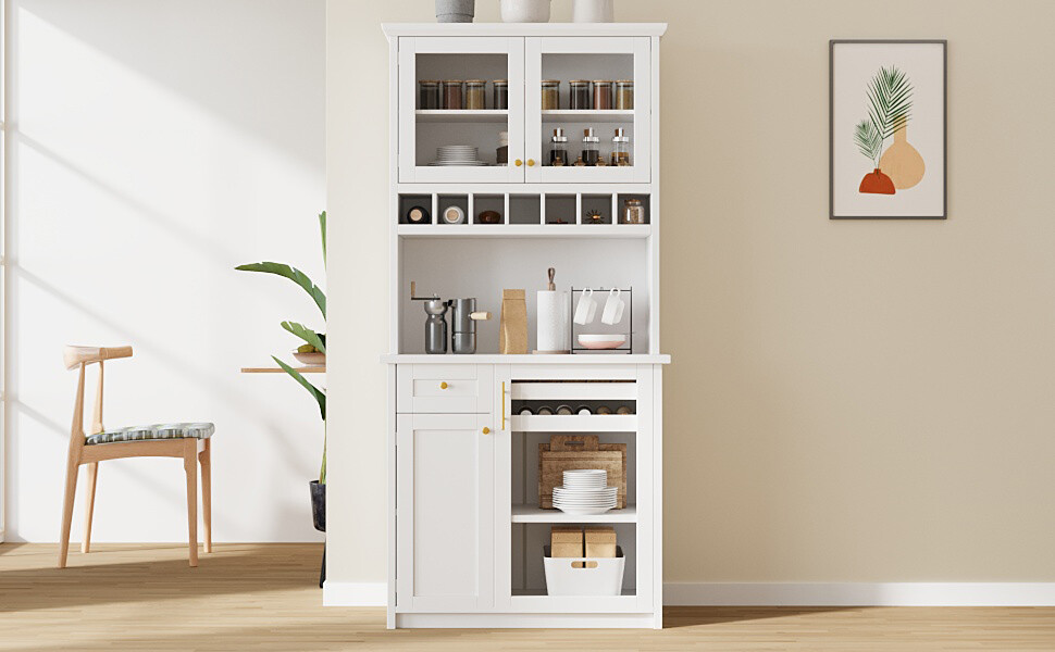Farmhouse Freestanding Buffet with Hutch, Tall Kitchen Pantry Storage Cabinet with Wine Rack, Adjustable Shelves and Glass Doors for Dining Room, White
