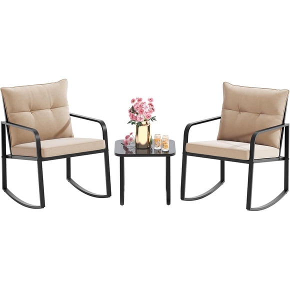 Zocalo Juego de bistró mecedor de 3 piezas, muebles de patio de acero negro, sillas de porche con mesa de centro de vidrio y cojín de respaldo, para balcón, jardín, terraza y patio,amarillo