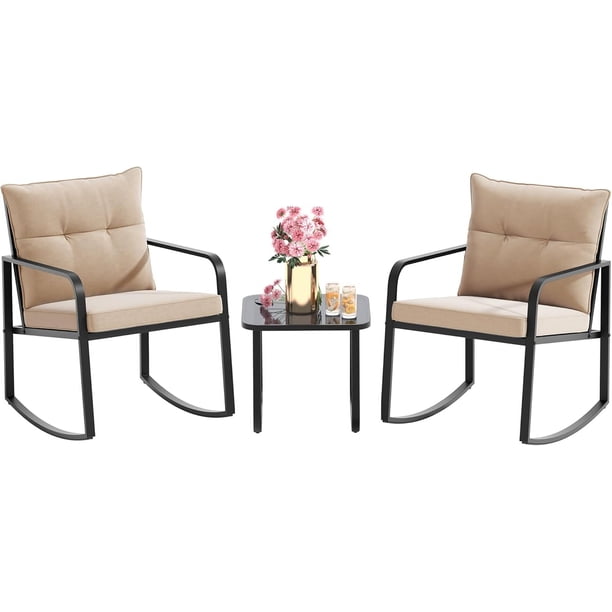 Zocalo Juego de bistró mecedor de 3 piezas, muebles de patio de acero negro, sillas de porche con mesa de centro de vidrio y cojín de respaldo, para balcón, jardín, terraza y patio,amarillo