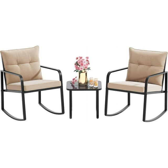 Zocalo Juego de bistró mecedor de 3 piezas, muebles de patio de acero negro, sillas de porche con mesa de centro de vidrio y cojín de respaldo, para balcón, jardín, terraza y patio,amarillo