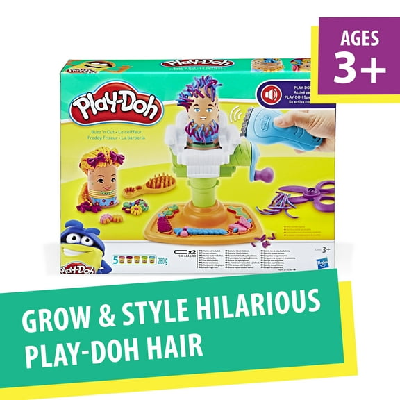 Play-Doh Buzz 'N Cut Barber Shop Toy with Electric Buzzer and 5 Non-Toxic Colors, 2-Ounce Cans