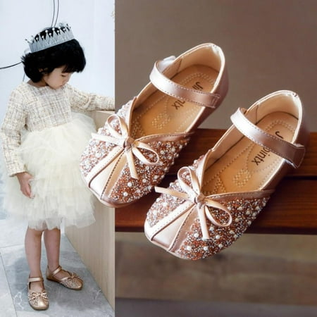 

Newway Girl s Soft Soled Rhinestone Fashion Leather Shoes Bowknot Non-slip Single Shoes