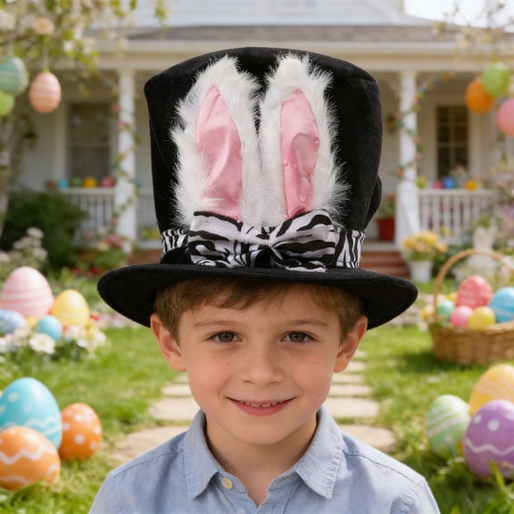 FYHALE Easter Bunny Ear Top Hat Black Costume Hat with 3D Rabbit Ears Party Cosplay Prop for Easter Parade Performance Photography Spring Event