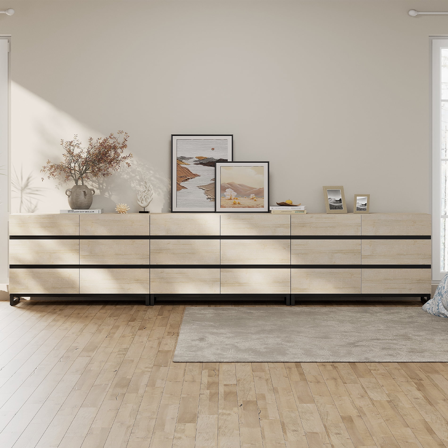 WAMPAT Modern 5-Piece Bedroom Furniture Set, 142 Inch Dresser with 18 Drawers & 2 Nightstands with Drawer and Cabinet Design, Beige
