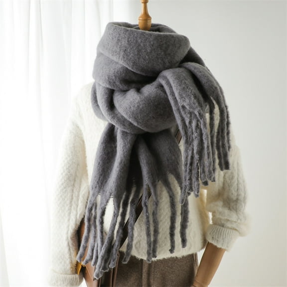 Mohair Scarf Solid Color Versatile Winter Warm Extended Tassel Neck Scarf for Men and Women Thick Scarf