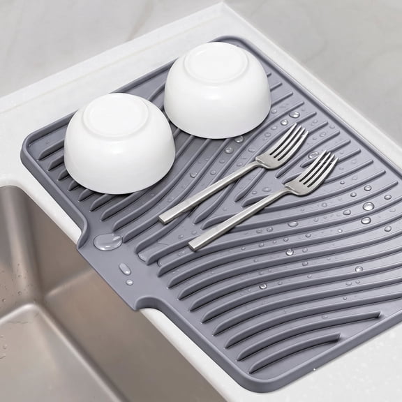 Silicone Dish Drying Mat with Drain for Kitchen Counter, 20" x 17" Large | Non-Slip Heat-Resistant Fast-Dry Pad, Roll-Up Hangable Mat, Grey