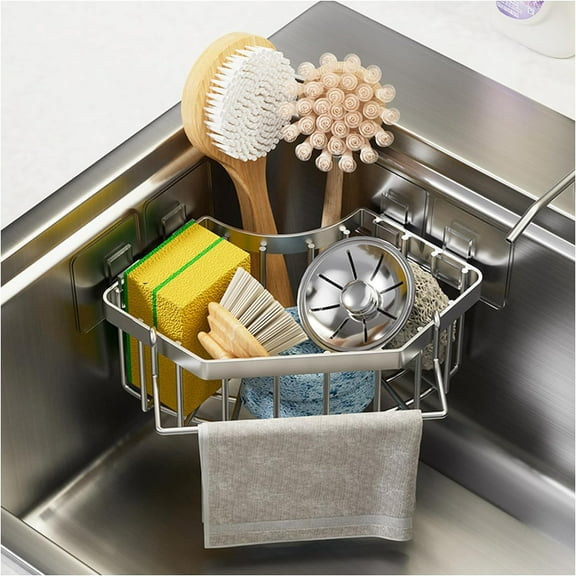 Corner Sink Caddy with Towel Holder Sponge Holder for Kitchen Sink 3 in 1 Corner Sink Organizer Stainless Steel Sink Rack for Dish Brush Scrubber Soap with 4 Adhesive Hooks (Silver)