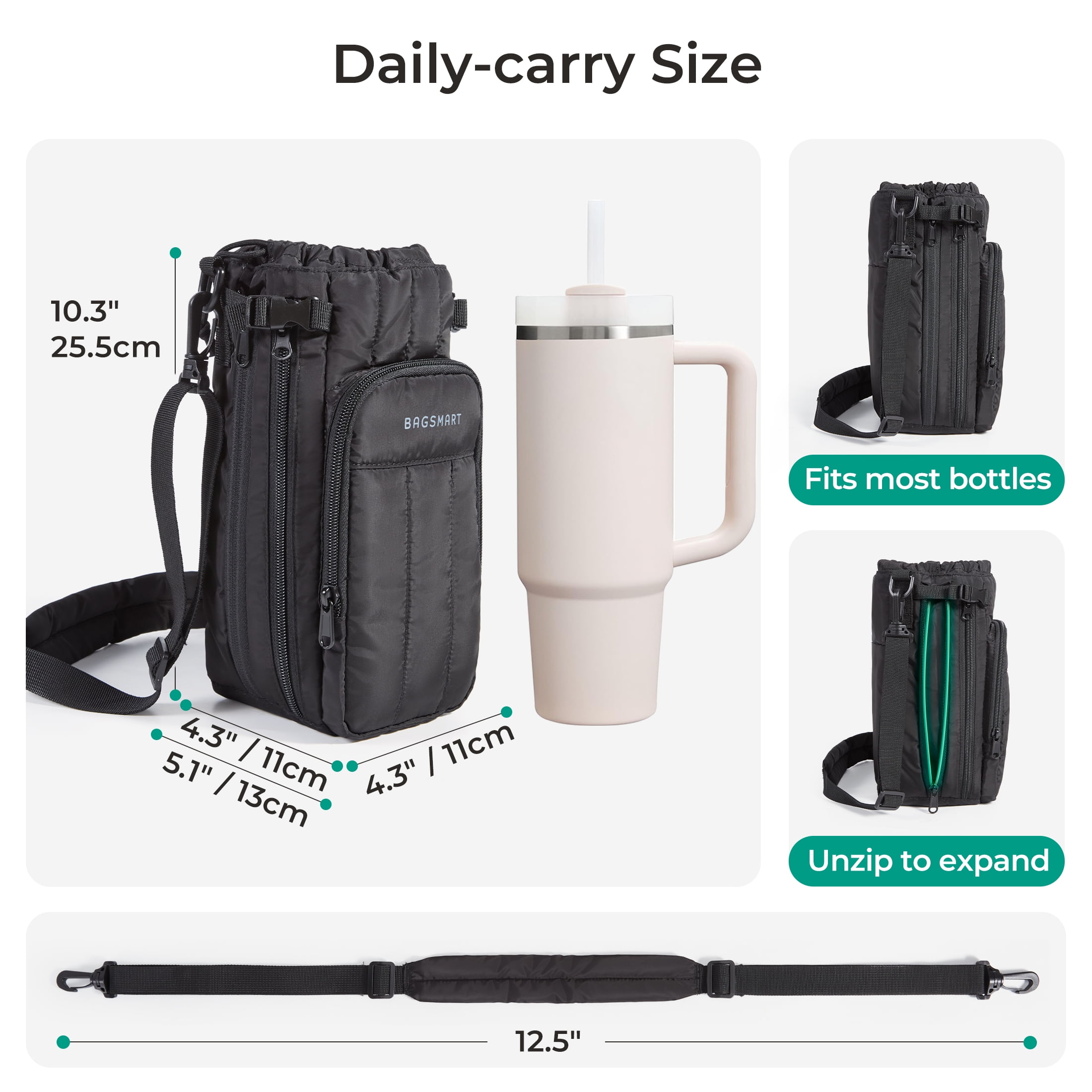 Bagsmart Unisex Expandable Water Bottle Carrier Bag for 32 oz to over 64 oz, Crossbody Water Bottle Holder with Adjustable Shoulder Hand Strap, Black