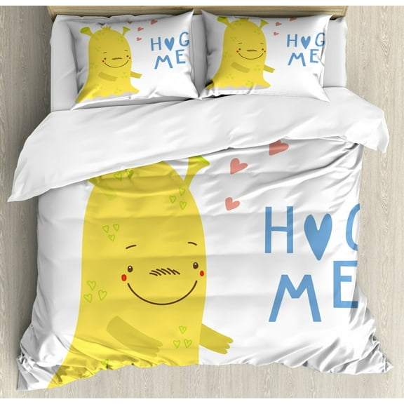 Hug Duvet Cover Set Queen Size, Cartoonish Design Alien Monster with Hug Me Print, Decorative 3 Piece Bedding Set with 2 Pillow Shams, Deep Sky Blue Coral Mustard Yellow Green, by Ambesonne