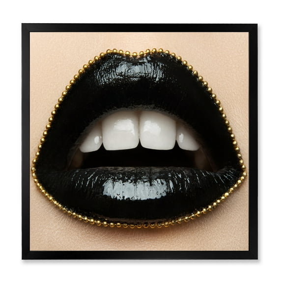 Designart 'Woman Lips With Black Lipstick & A Gold Chain' Modern Framed Art Print