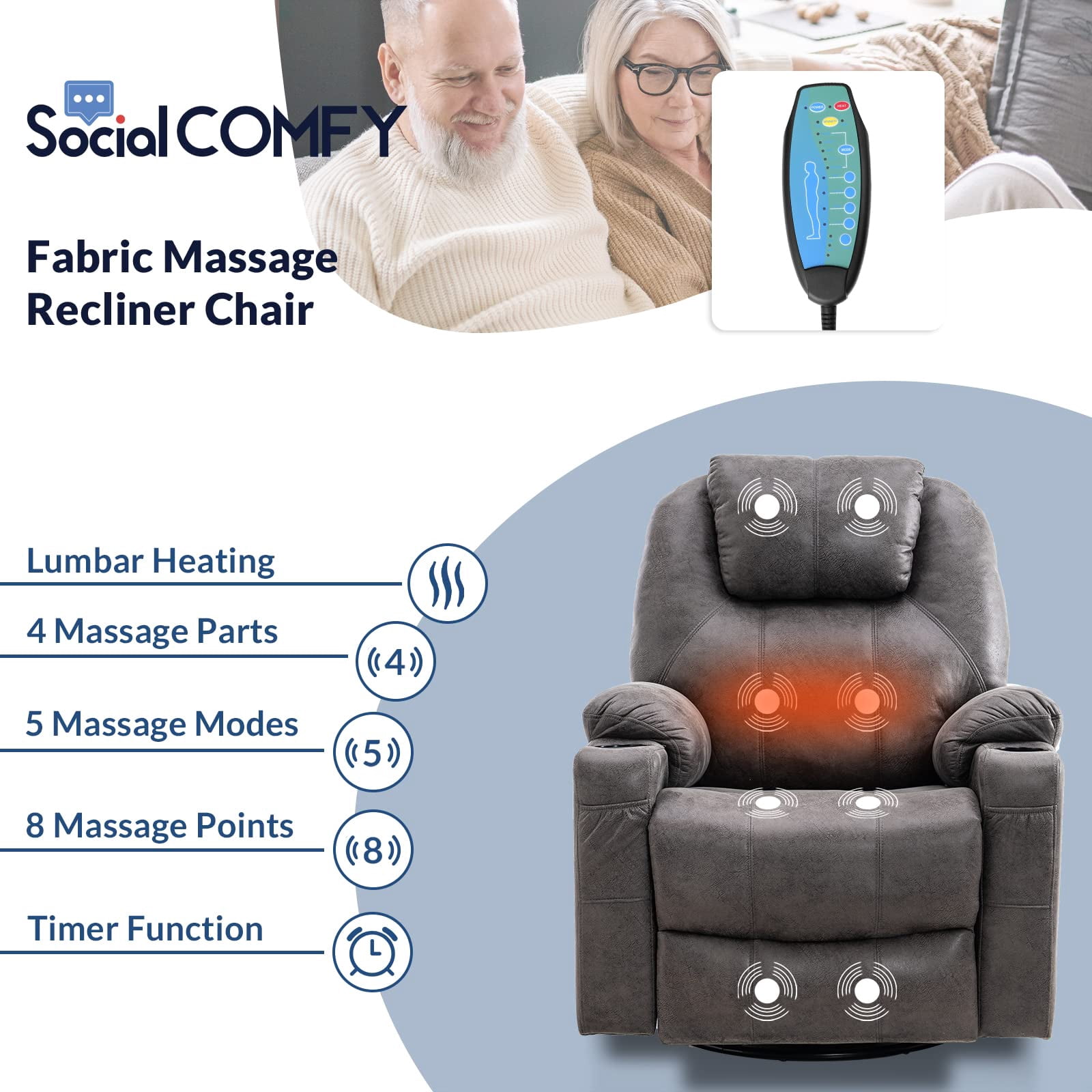 SOCIALCOMFY Swivel Glider Rocker Recliner Chair with Heated Massage Ergonomic Lounge 360 Degree Manual Swivel Sofa Seat with 2 Cup Holders, Side Pockets & USB Ports for Living Room (Gray)