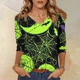thumbnail image 2 of WTOBBY Women's Halloween Printed V-Neck Loose Shirt with 3/4 Sleeve, Casual Button Detail T-Shirt Top for Fall Season, Comfortable Fashion Apparel and Daily Wear,Green L, 2 of 6