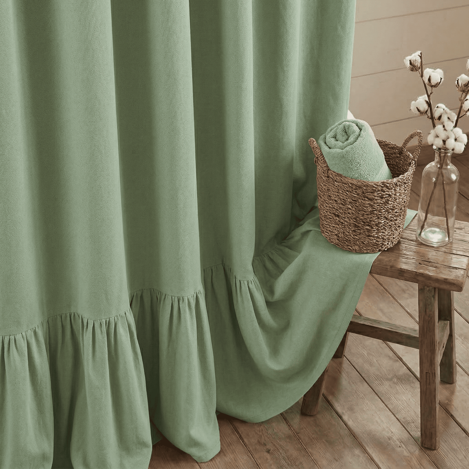 NixiYa Farmhouse Shower Curtain Ruffle Linen Shower Curtain for Bathroom 72"x72" Green
