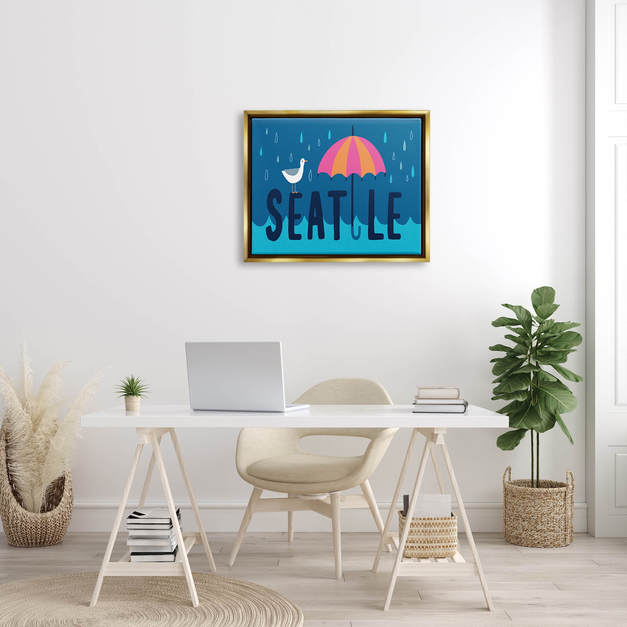 Seattle Raindrops Falling Seagull Animals & Insects Graphic Art Metallic Gold Framed Art Print Wall Art