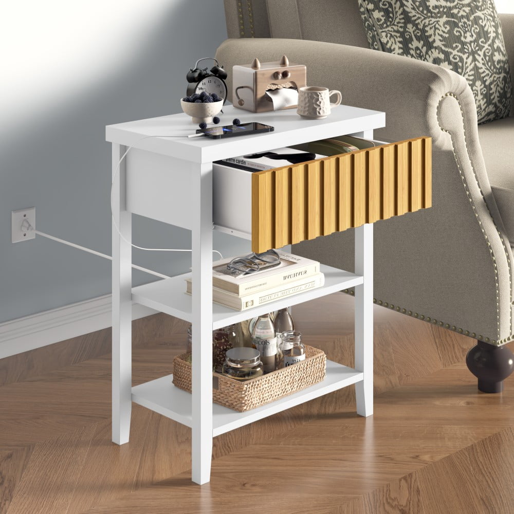 Fluted Nightstand with Charging Station, 2 USB Ports & 2 AC Outlets, Farmhouse Bedside Table with Drawer & 2 Open Shelves, White