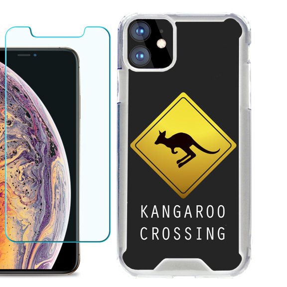 For Apple iPhone 11 Case, Hybrid Bumper Phone Case, with Tempered Glass Screen Protector, by OneToughShield ® - Road Sign Kangaroo