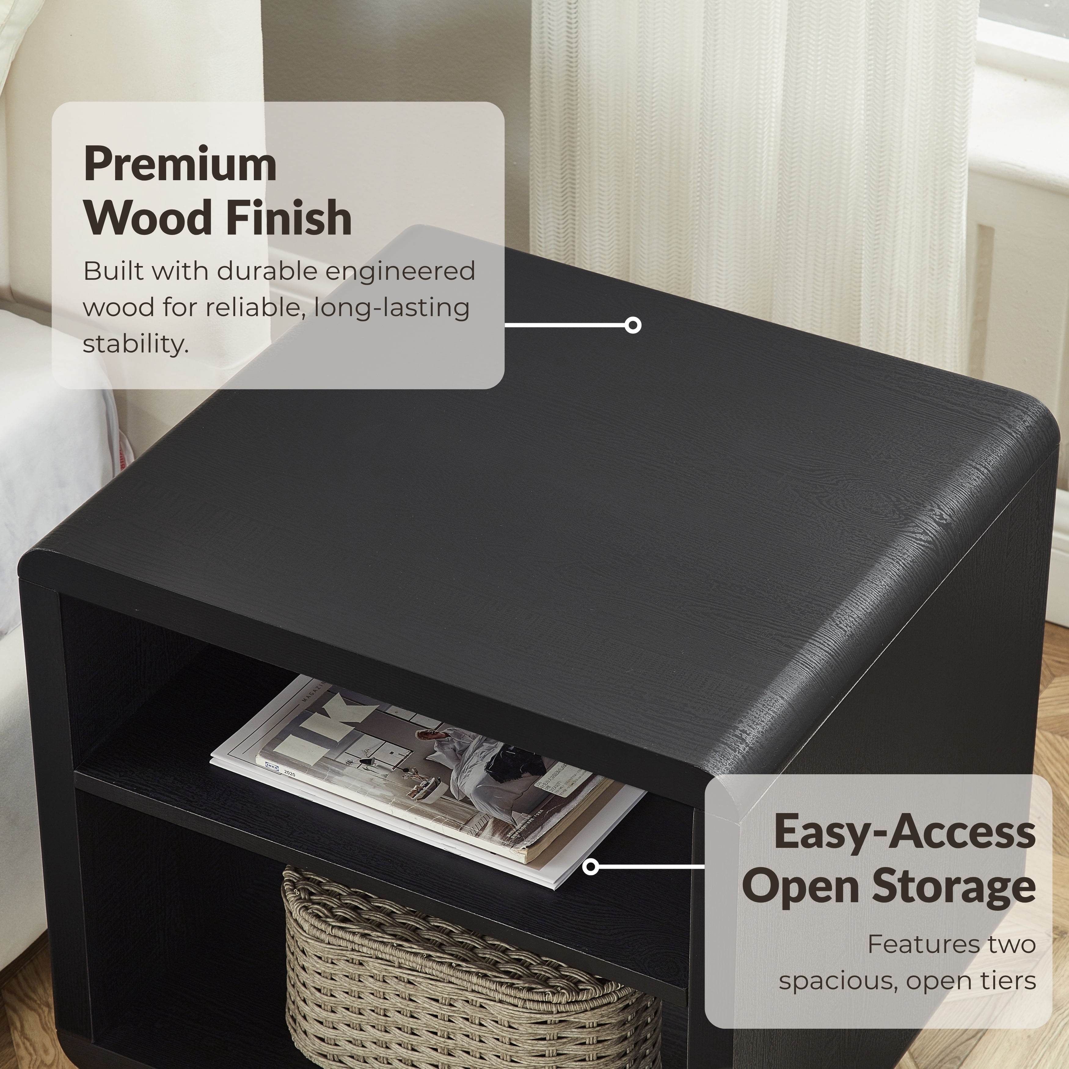 Roundhill Furniture Lux Modern Wood Shelf Side Table, Bedside Nightstand, Black