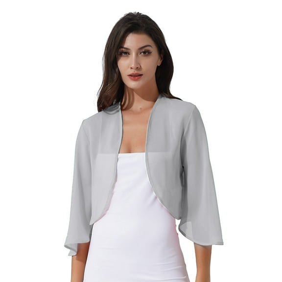 TiaoBug Womens 3/4 Sleeve Chiffon Cardigan Bolero Jacket Open Front Shrugs for Wedding Party Bridal Dress Grey 3XL