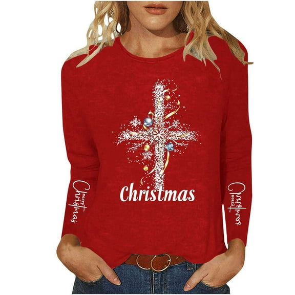 Qulqfy Christmas Shirts for Women Crewneck Red Xmas Plus Size Long Sleeve Christian Religious Casual Tops Family Christmas Shirts for Women