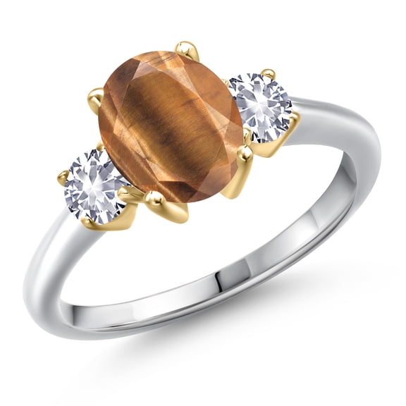 Gem Stone King 925 Silver and 10K Yellow Gold Brown Tiger Eye and White Created Sapphire Engagement Ring for Women | 2.00 Cttw | Oval 9X7MM | Gemstone Birthstone | Size 5
