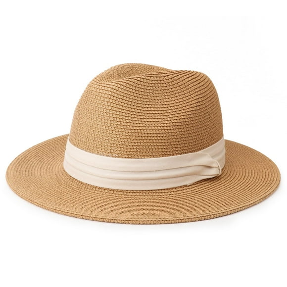 DRESHOW Sombrero panamá de paja para mujer, sombrero de viaje Fedora para playa, sombrero para el sol, sombrero enrollable de paja de ala ancha UPF 50+