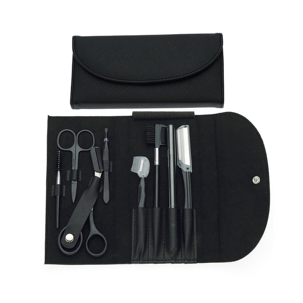 Kit de aseo para dar forma a las cejas, tijeras para cejas, lápiz para cejas, recortador de cepillo para cejas, cepillo, juego de herramientas de belleza con bolsa de cuero, 8 Uds.