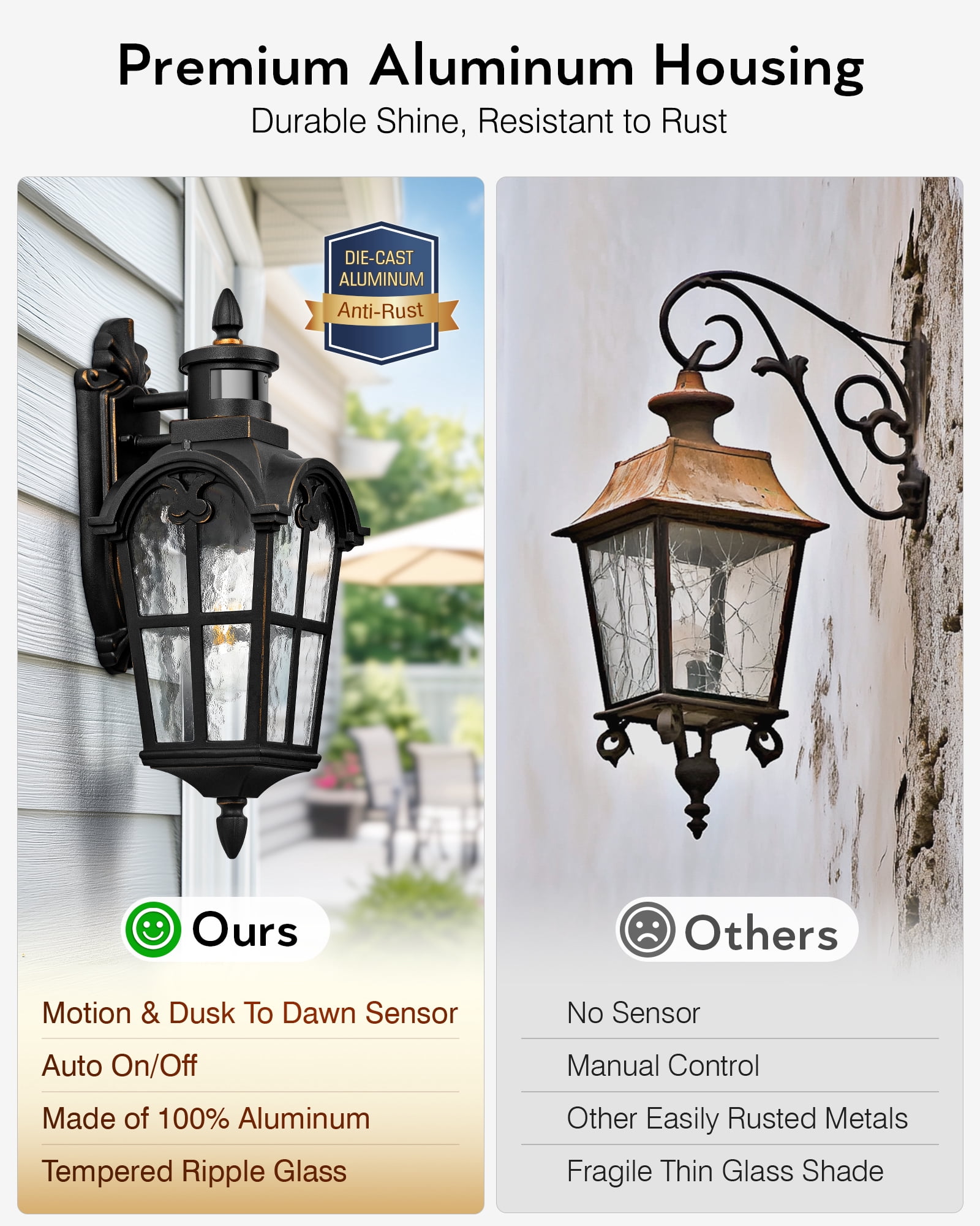 VIANIS Motion Sensor Outdoor Lights, Outside Wall Lights Black with Gold Trim, Waterproof Dusk to Dawn Outdoor Lighting, Exterior Lighting Fixtures for House, Patio, 2 Pack 16.4" H