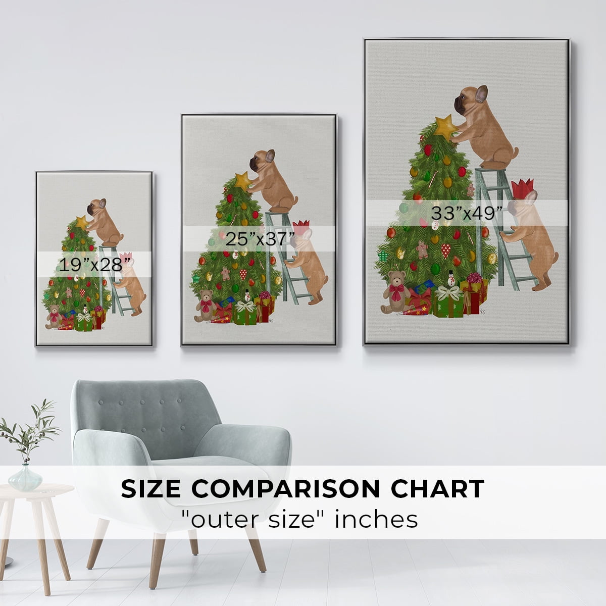 Christmas French Bulldog Tree Ladder - Framed Gallery Wrapped Holiday Canvas - 27 x 41 - Silver Frame