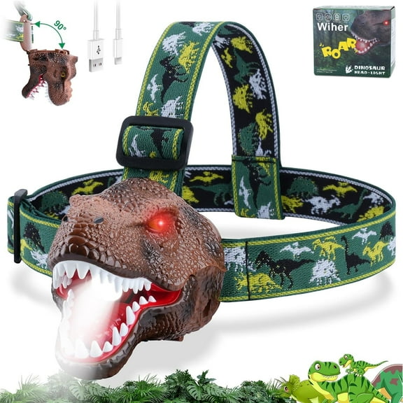 Kids Headlamp, Dinosaur LED Rechargeable Headlamp for Kids Rechargeable Led Headlights Roar & Silent Mode, T-Rex Dinosaur Toys for Kids 3-8, Camping Gear, Christmas Gifts for Boys Girls Adults