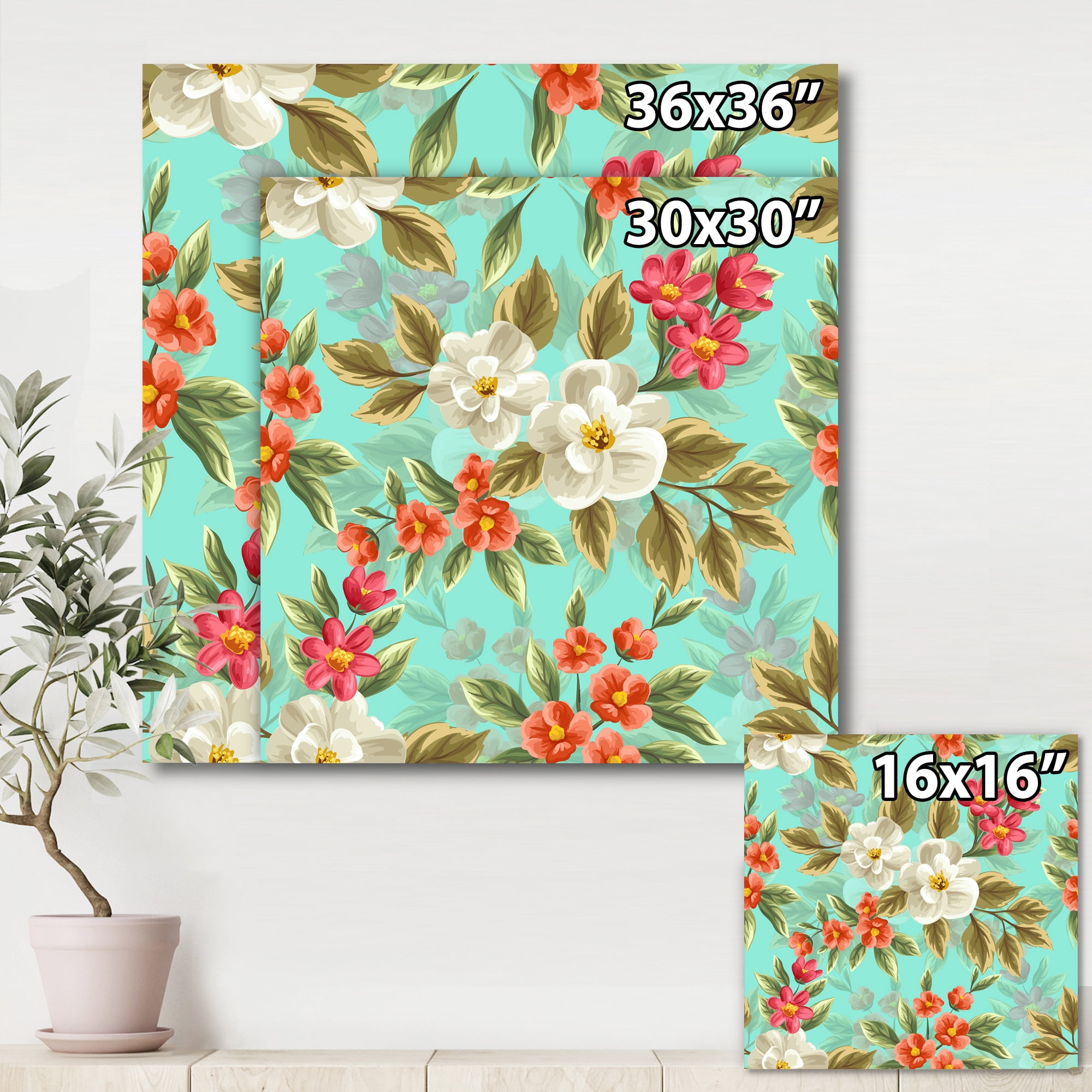 Designart ' Red and White Floral Seamless Pattern ' Traditional Canvas Wall Art Print