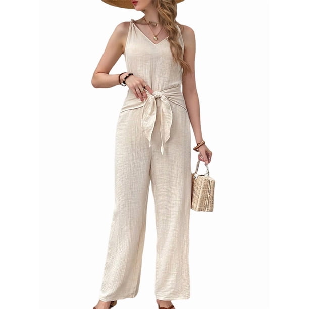 Mono de Verano con Estampado Floral para Mujer, con Bolsillo, Cuello Alto, Cintura Elástica, Pierna , para Boda, Informal y Elegante Albaricoque L
